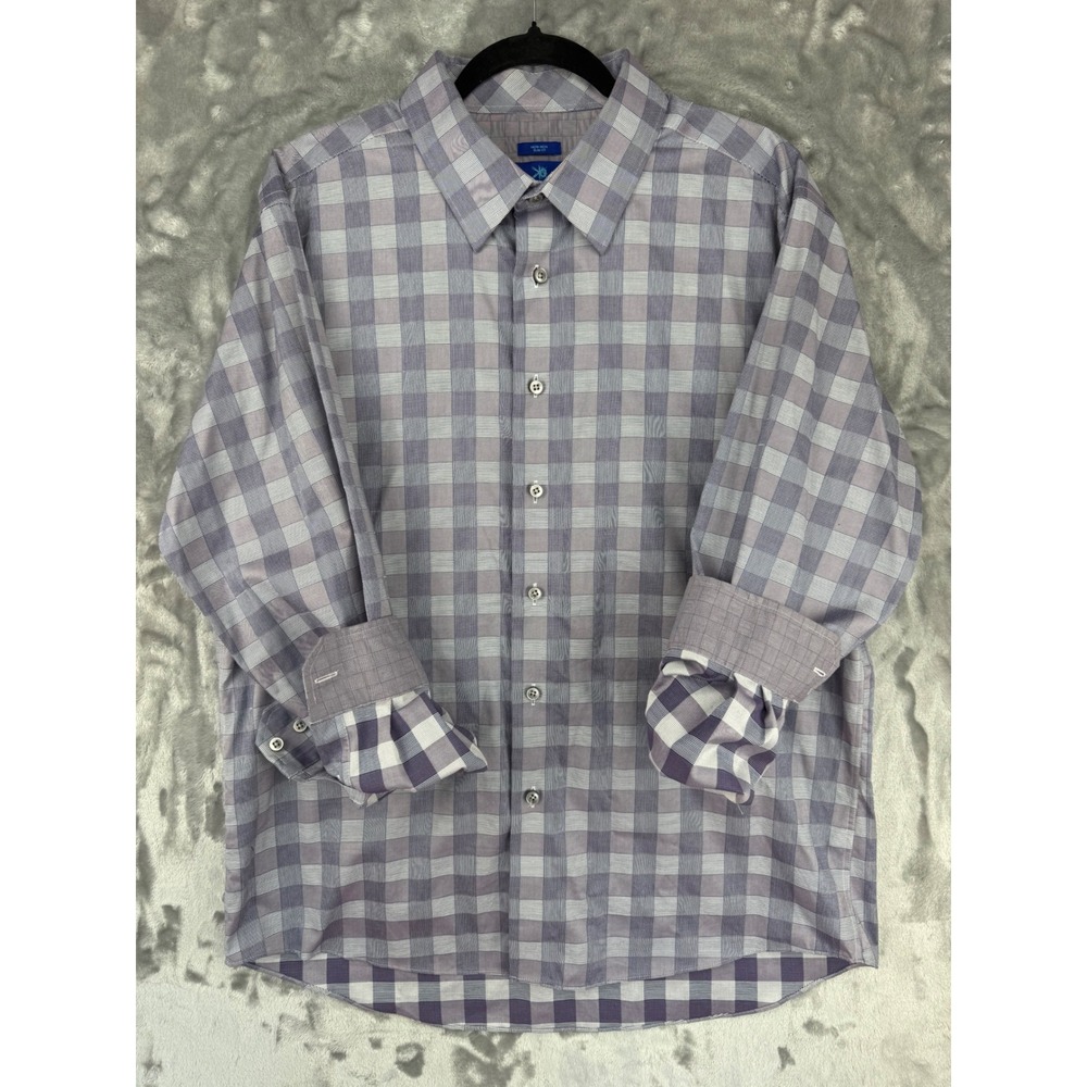 Egara Mens XL Non-Iron‎ Slim Fit Purple Grey Buffalo Check Button Down Shirt